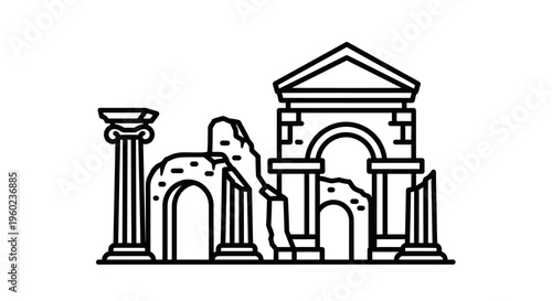 Ancient classical ruins line art illustration with columns, arches, and temple structure. Historic archaeological building outline.