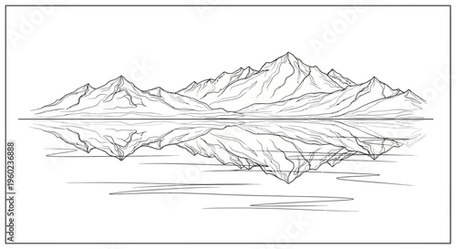 Detailed hand-drawn line art illustration of majestic mountain range reflected in calm water surface, minimalist sketch