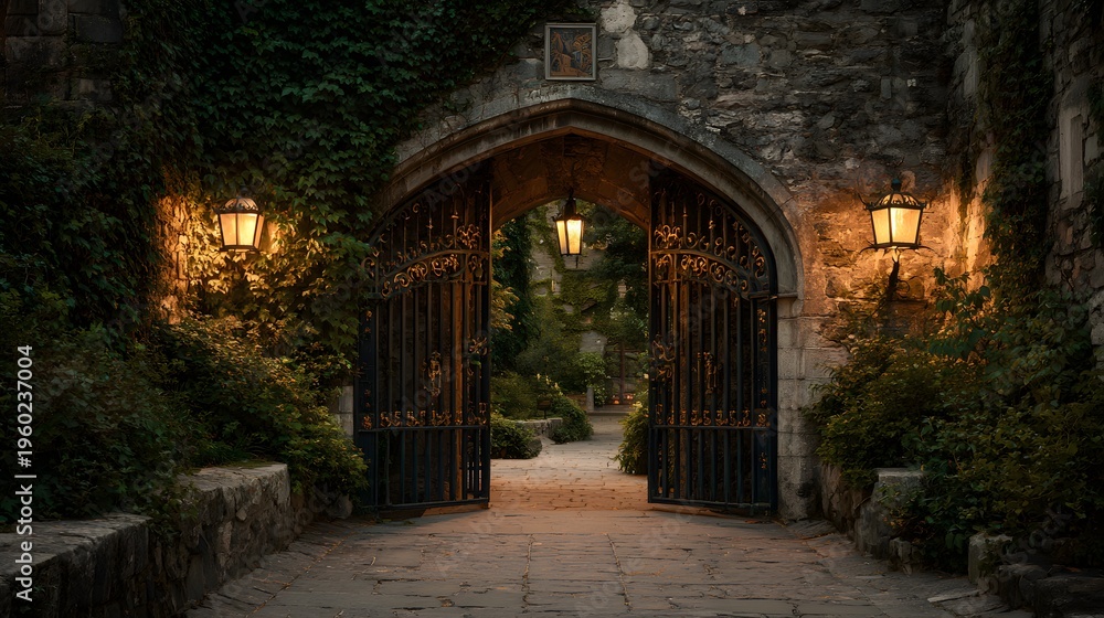Fototapeta premium Enchanting Gothic Archway Entrance to a Mystical Garden at Dusk.