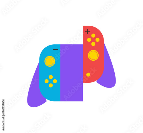 Modern flat videogame gamepad patch in bold blue and red. This playful controller device brings a touch of y2k gadget style. A digital pad joypad for fun game or badge element.