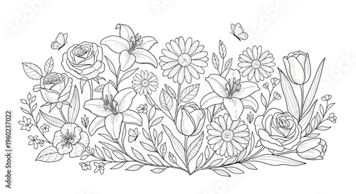 Elegant floral arrangement line art for coloring. Hand-drawn garden flowers, roses, lilies, daisies, and butterflies. Botanical spring design.