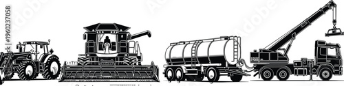 Silhouette illustration of tractor, combine harvester, tanker truck, and mobile crane, representing agriculture, transportation, construction, industry, and diverse heavy machinery equi