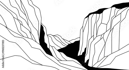 Abstract Minimalist Line Art Canyon Landscape Illustration. Dynamic Geometric Monochrome Mountain Valley Vector Design.