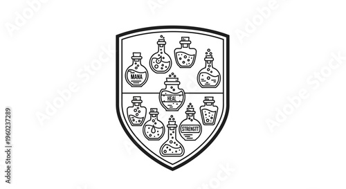 Vintage heraldic shield featuring an array of old-fashioned alchemical potions, elixirs, and laboratory glassware illustration