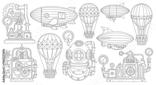 Steampunk retro line art collection with vintage airships, hot air balloons, diving helmet, and intricate mechanical contraptions.