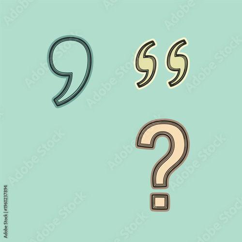 Quotation marks and question mark symbols.