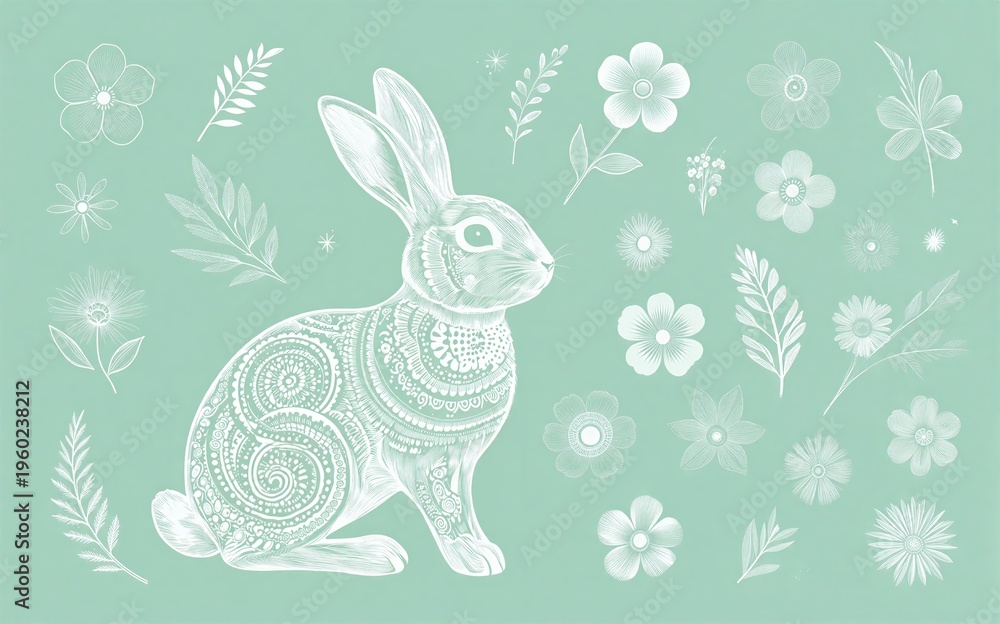 Obraz premium A decorative rabbit with floral patterns sits amidst delicate white