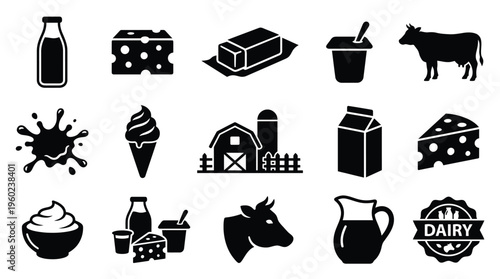 A collection of black and white icons representing various dairy products and farm elements, including milk, cheese, butter, yogurt, ice cream, cows, and a barn.