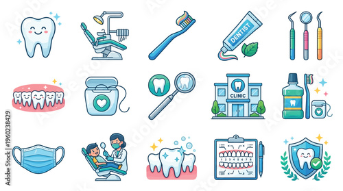 A vibrant collection of cartoon-style illustrations depicting various dental care items and concepts, including teeth, toothbrushes, toothpaste, dental chairs, and a dental clinic.