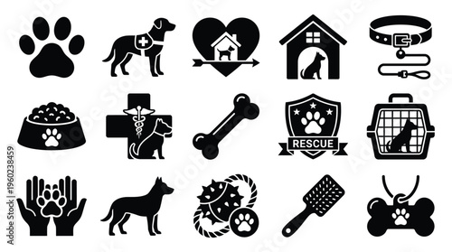 Collection of black and white icons representing various aspects of pet care, animal rescue, and veterinary services.