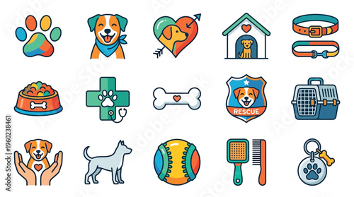 A collection of colorful flat icons representing various aspects of dog care, including veterinary services, pet supplies, and canine companionship.