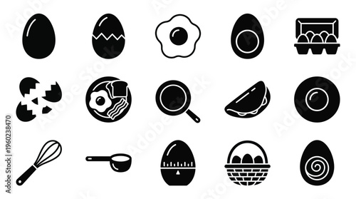 Collection of black and white icons representing various egg dishes, cooking tools, and egg-related items.