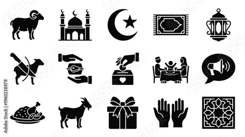 Collection of Islamic cultural and religious symbols, including animals, places of worship, and charitable activities, presented in a black and white icon set.