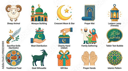 Collection of Islamic cultural and religious symbols, including animals, buildings, food, and charitable acts, presented in a flat design style.