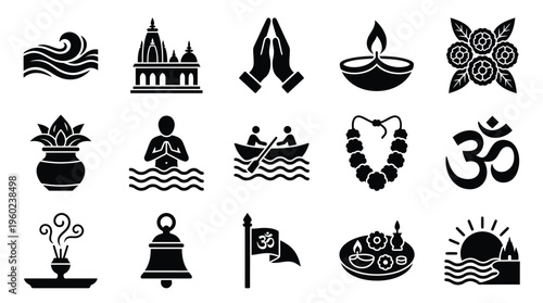 Collection of Hindu religious symbols and icons representing various aspects of worship and spirituality.