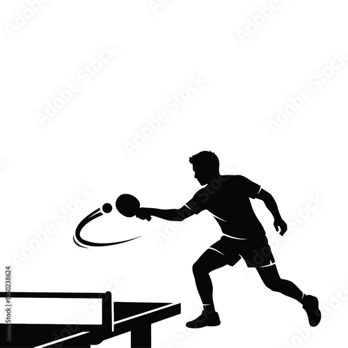 Men Playing Single Table Tennis Silhouette Vector, Ping Pong Player Isolated Sport Action Silhouette