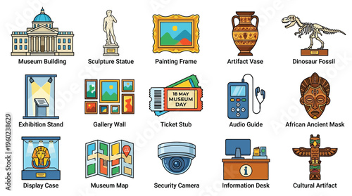 Collection of museum-related icons, including buildings, artifacts, and visitor amenities, presented in a clear, illustrative style.