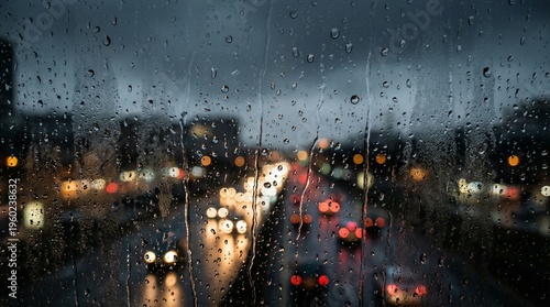 Raindrop texture on window glass with bokeh lights, atmospheric weather detail.