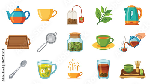 A vibrant collection of tea-related items, including teapots, cups, tea leaves, and brewing accessories, presented in a clean, illustrative style.