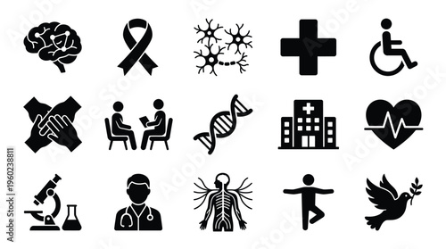 A collection of medical and healthcare-related icons, including a brain, ribbon, DNA, hospital, and doctor, symbolizing health and wellness.