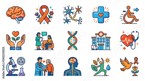 A collection of medical and health-related icons, including a brain, DNA, hospital, and people receiving care, symbolizing health and wellness.