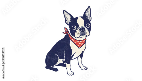 Canvastavla Cute Boston Terrier Dog with Red Bandana Illustration