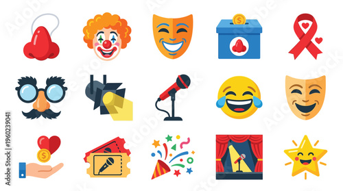 A collection of icons representing entertainment, charity, and performance, including a clown nose, masks, a donation box, and a stage.