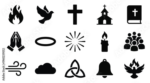 A collection of black Christian religious symbols and icons arranged in a grid on a white background.