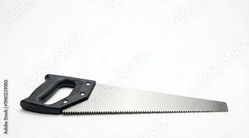 Hand saw with black handle isolated on white background, carpentry tool, woodworking equipment, construction manual work.