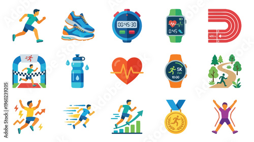 A vibrant collection of icons illustrating the world of running, fitness, and athletic achievement.