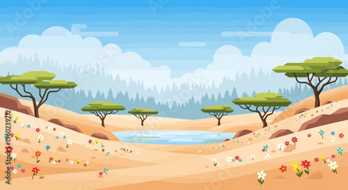 Vibrant African Savannah Landscape with Acacia Trees, Wildflowers, and Oasis