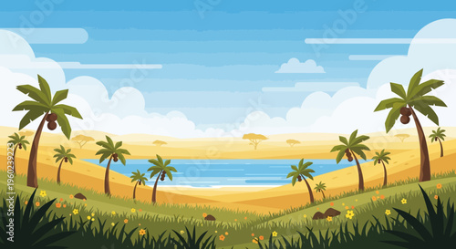 Vibrant African Savannah Landscape with Palm Trees and Oasis Lake