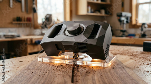 Modern black electronic device with a control knob resting on a wooden surface in a professional workshop, high-tech wood processing, smart tools.