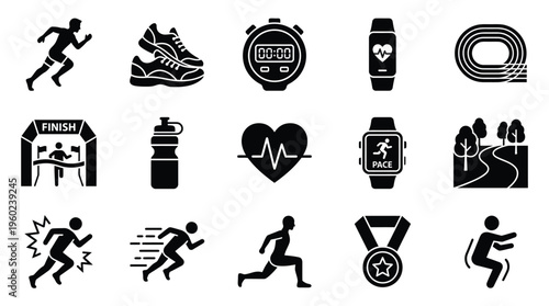 Collection of black and white icons representing various aspects of running and fitness activities, including athletes, equipment, and race elements.