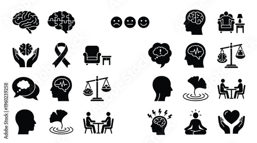 Collection of Black and White Icons Representing Psychology, Mental Health, and Cognitive Processes.