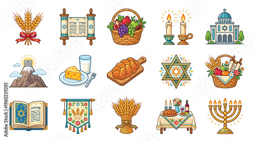A collection of colorful illustrations depicting various symbols and elements associated with Jewish culture and religious traditions.
