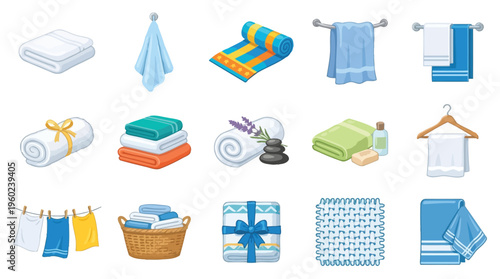 A comprehensive collection of various towels and related bathroom accessories, presented in a clean, illustrative style.