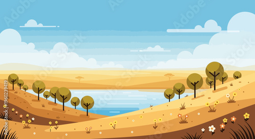 Vibrant African Savannah Landscape with Watering Hole and Acacia Trees