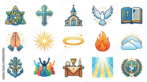 A collection of Christian religious symbols and icons, including crosses, churches, doves, Bibles, and prayer hands.