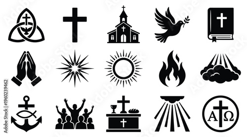 A collection of Christian religious symbols and icons, including crosses, a church, a dove, and a bible, representing faith and worship.