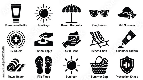 Collection of summer and beach-related icons, including sunscreen, sun protection, and relaxation items.