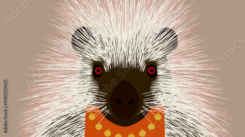A stylized illustration of a hedgehog with red eyes, wearing a simple orange outfit