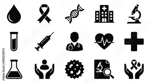 Collection of medical and healthcare icons representing various aspects of health, science, and research.