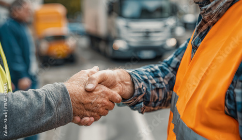 A truck driver in orange safety vest shaking hands with a man in casual clothing at a logistics or transportation site
