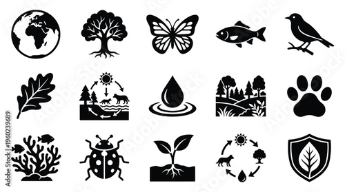 A collection of black and white icons representing various aspects of nature, wildlife, and environmental conservation.
