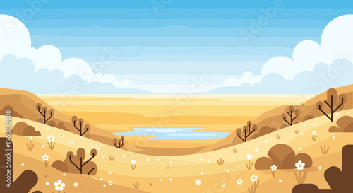 Vibrant Desert Landscape with Oasis and Distant Mountains
