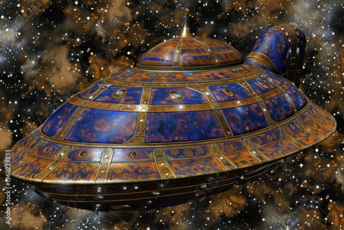 A colorful, ornate spaceship with intricate patterns floats in a star-filled cosmic background.