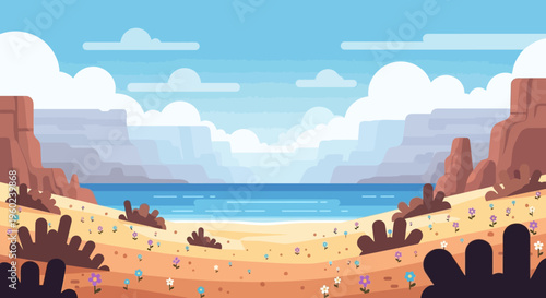 Vibrant Desert Oasis Landscape with Blooming Flowers and Calm Lake