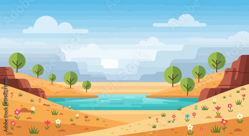 Vibrant Desert Oasis Landscape with Blooming Wildflowers and Distant Mountains