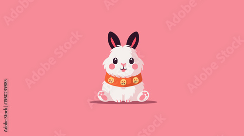 Adorable cartoon bunny with pink cheeks and an orange collar decorated with emojis, on a pink backdrop